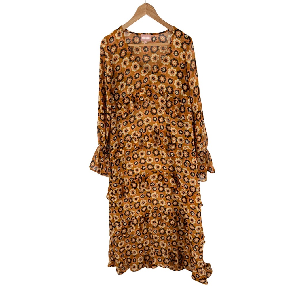 Show Me Your Mumu Maxi Dress Orange Small Retro Floral Ruffle Tiered Boho 70s